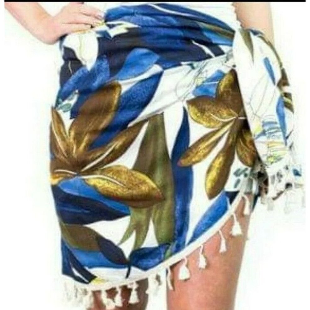 Cents Of Style Tropical Print Fringed Sarong Coverup  Blue